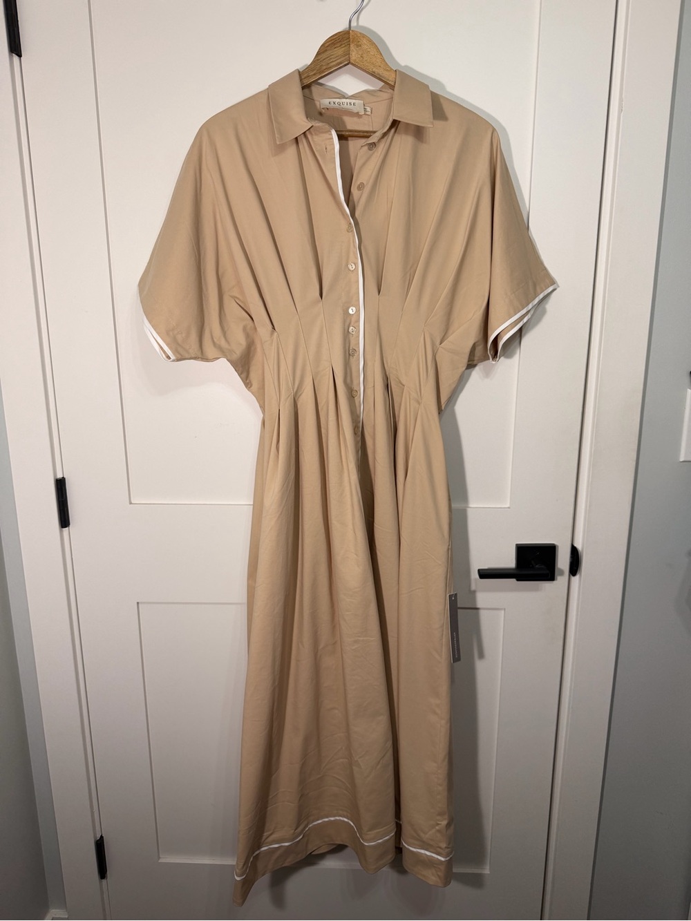 Anthropologie Beige Maxi Shirt Dress with Contrast Trim